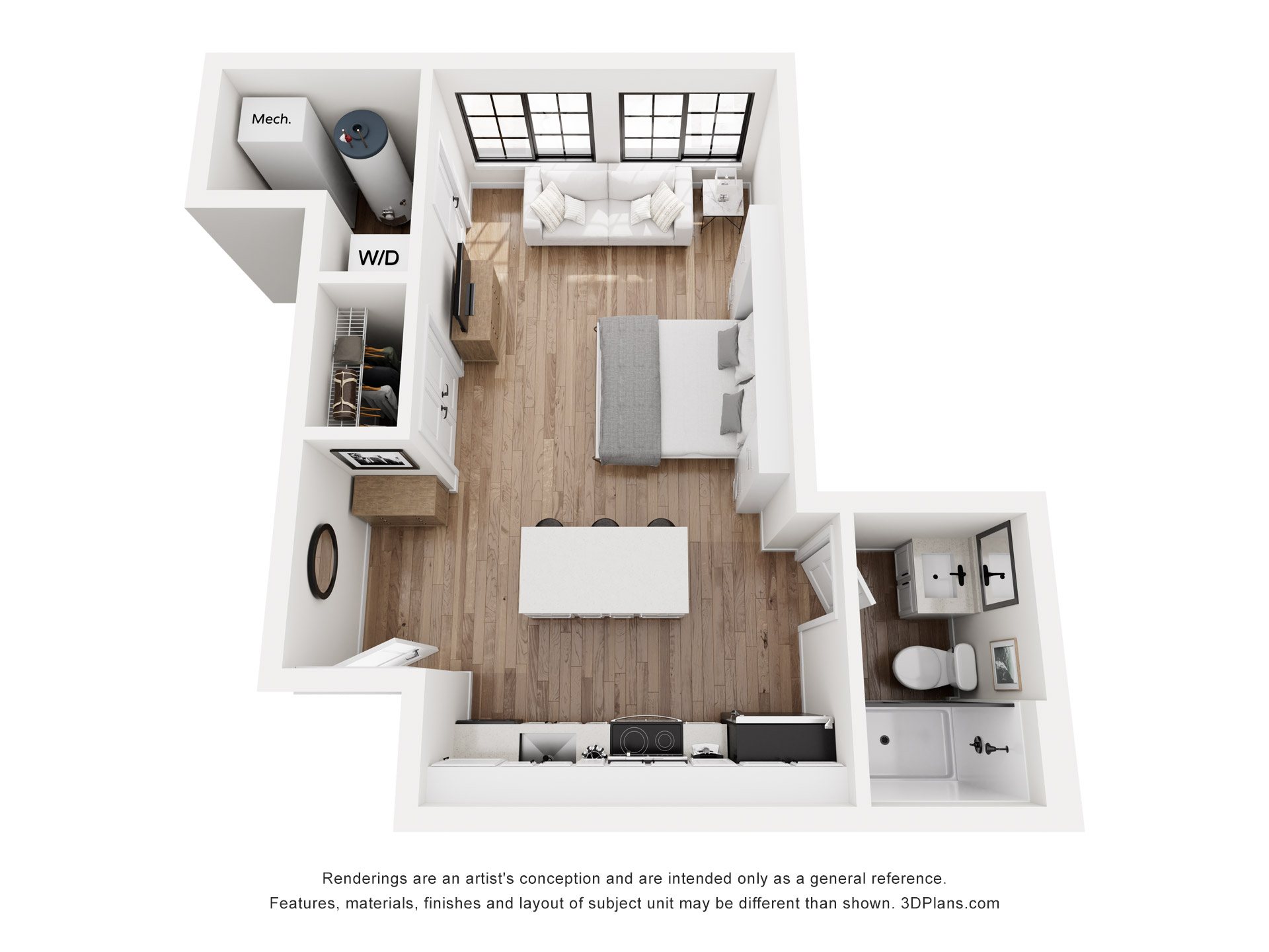 Floor plan for 1 bed, 1 bath, 500 sqft